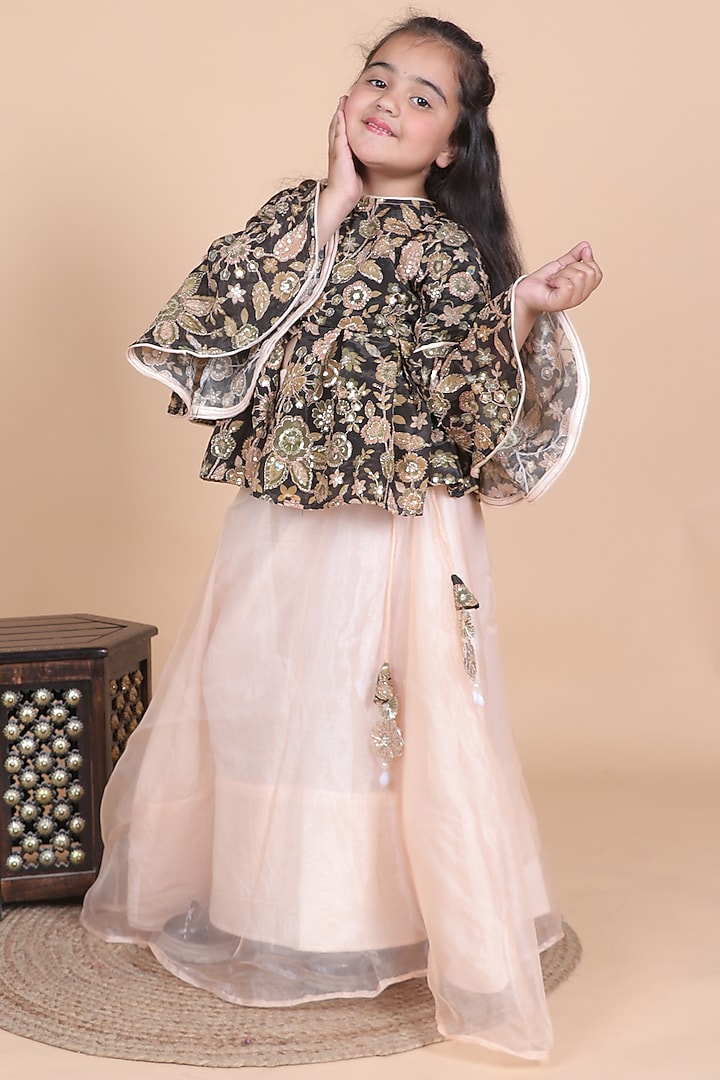 Peach Tissue Lehenga Set For Girls by Little Blessings at Pernia's Pop Up Shop