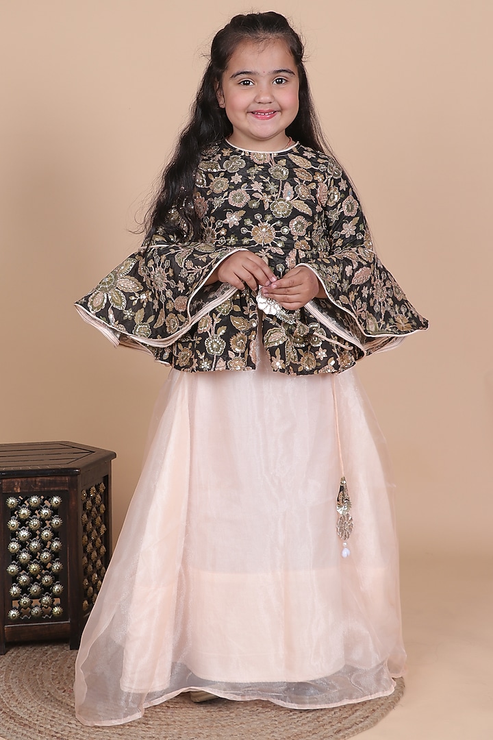 Peach Tissue Lehenga Set For Girls by Little Blessings at Pernia's Pop Up Shop