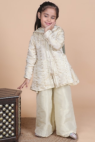 Ivory Cosmo Silk Embellished Kurta Set For Girls by Little Blessings