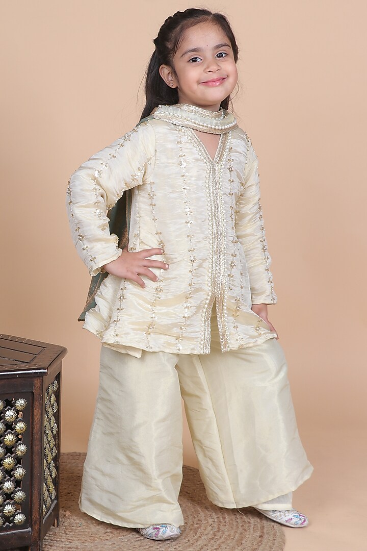 Ivory Cosmo Silk Embellished Kurta Set For Girls by Little Blessings at Pernia's Pop Up Shop