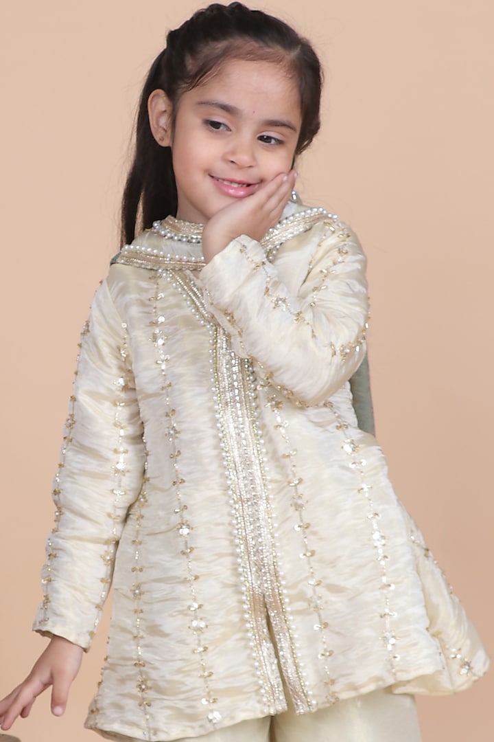 Ivory Cosmo Silk Embellished Kurta Set For Girls by Little Blessings at Pernia's Pop Up Shop
