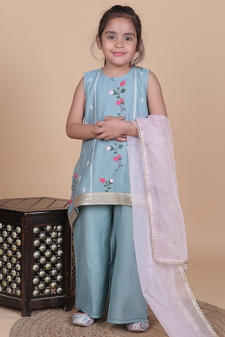 Ash Blue Mul Chanderi Embroidered Kurta Set For Girls by Little Blessings at Pernia's Pop Up Shop