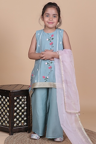 Ash Blue Mul Chanderi Embroidered Kurta Set For Girls by Little Blessings
