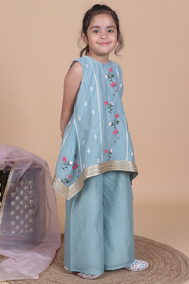 Ash Blue Mul Chanderi Embroidered Kurta Set For Girls by Little Blessings at Pernia's Pop Up Shop
