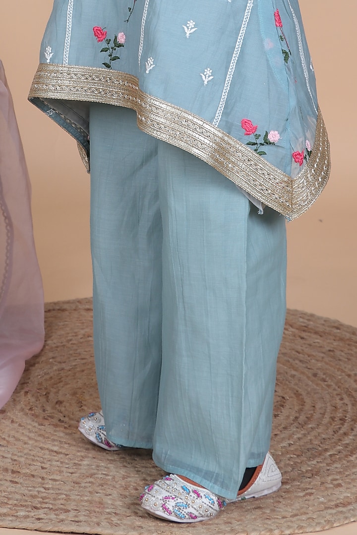Ash Blue Mul Chanderi Embroidered Kurta Set For Girls by Little Blessings at Pernia's Pop Up Shop
