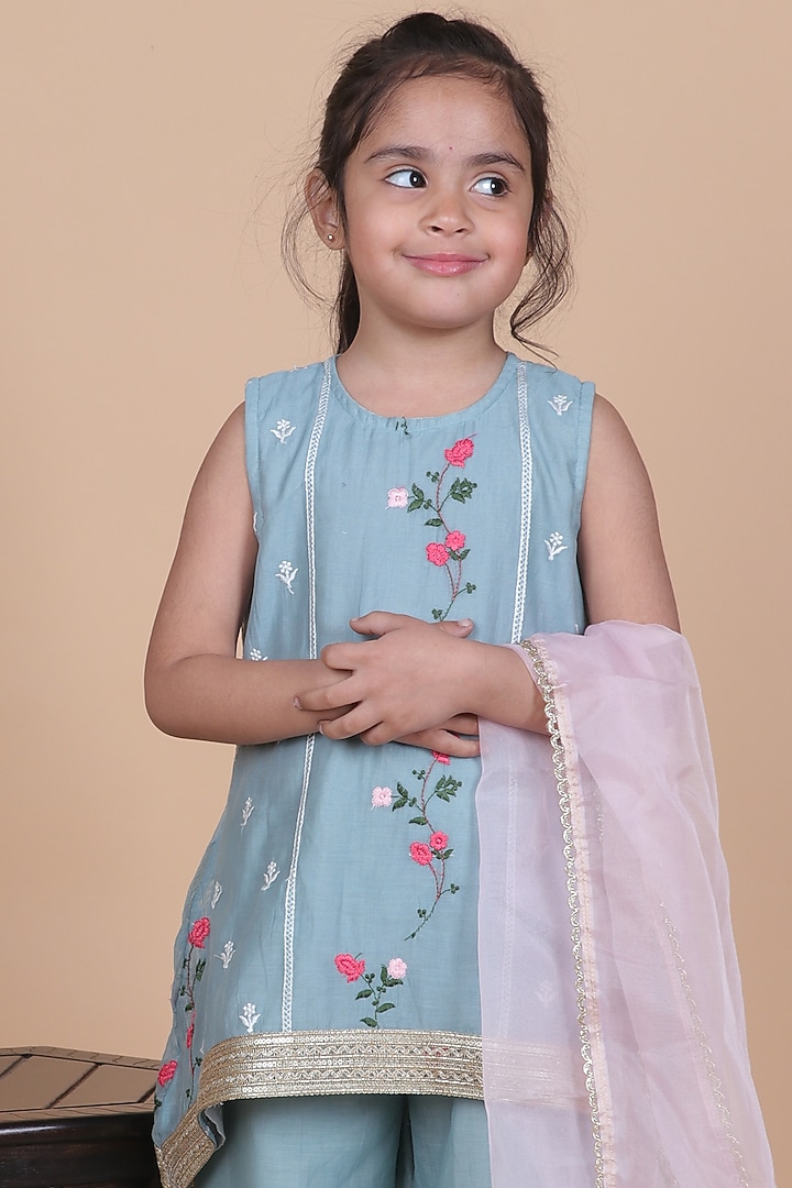 Ash Blue Mul Chanderi Embroidered Kurta Set For Girls by Little Blessings at Pernia's Pop Up Shop