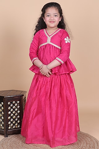 Magenta Pink Chanderi Lehenga Set For Girls by Little Blessings
