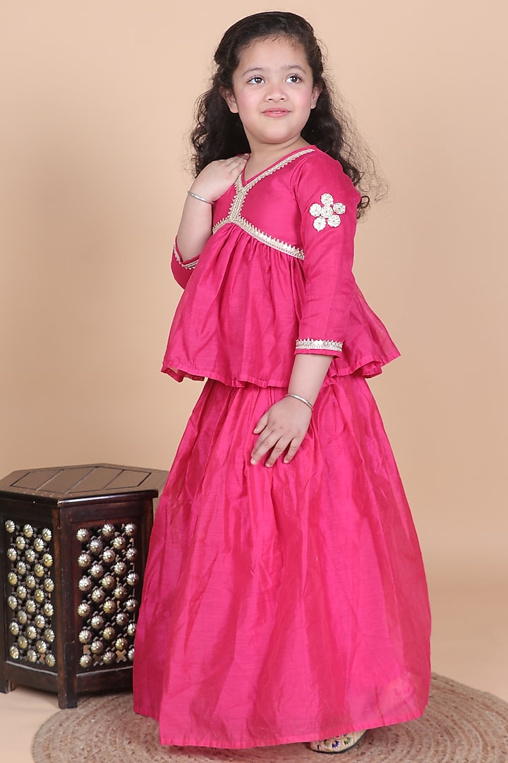 Magenta Pink Chanderi Lehenga Set For Girls by Little Blessings at Pernia's Pop Up Shop