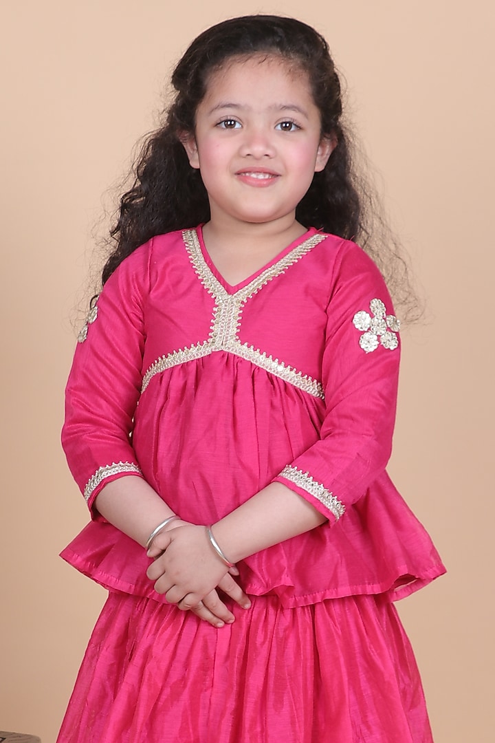 Magenta Pink Chanderi Lehenga Set For Girls by Little Blessings at Pernia's Pop Up Shop