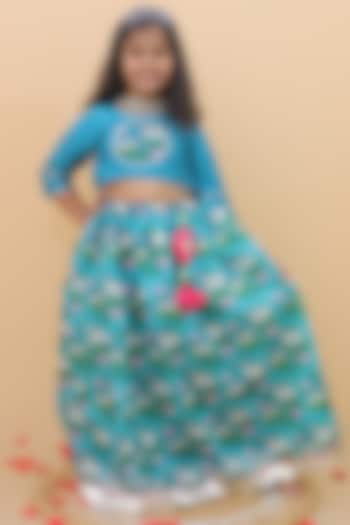 Teal Green Chanderi Printed Lehenga Set For Girls by Little Blessings at Pernia's Pop Up Shop