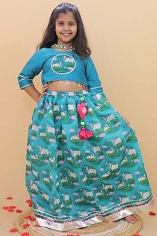 Teal Green Chanderi Printed Lehenga Set For Girls by Little Blessings