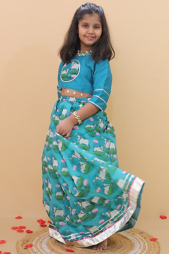 Teal Green Chanderi Printed Lehenga Set For Girls by Little Blessings at Pernia's Pop Up Shop