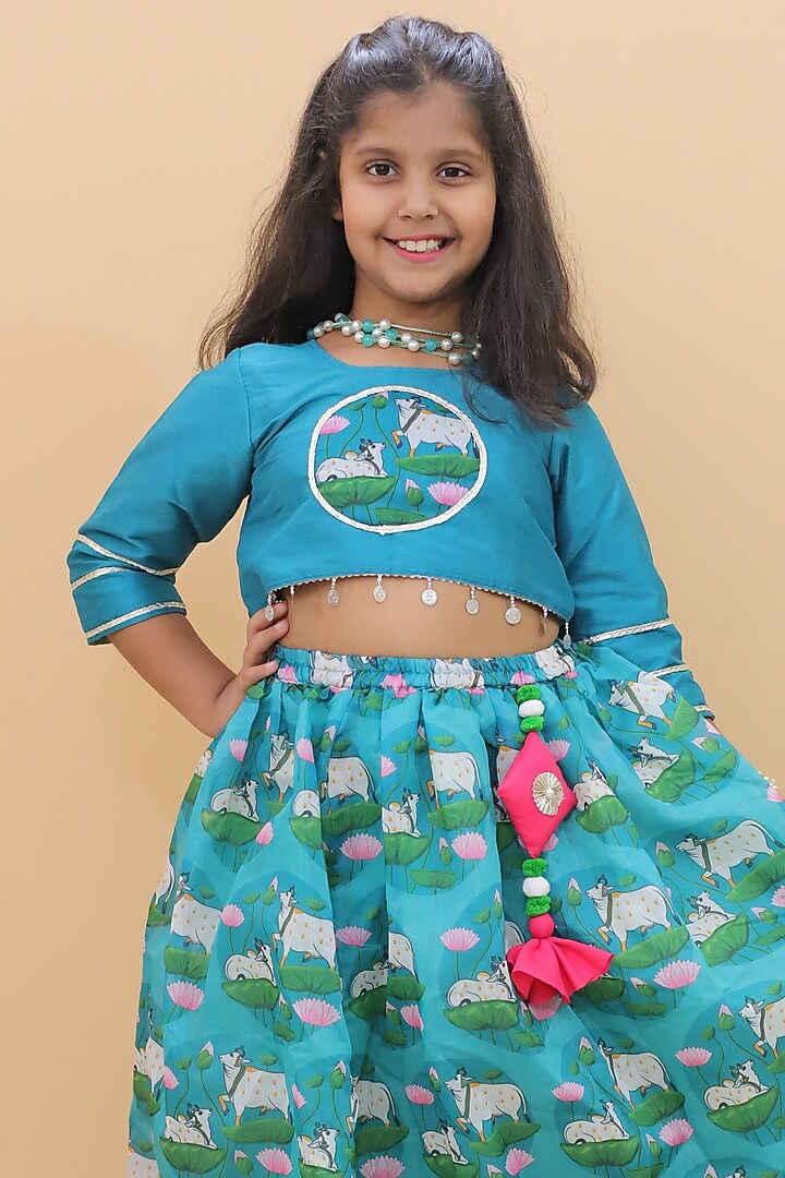 Teal Green Chanderi Printed Lehenga Set For Girls by Little Blessings at Pernia's Pop Up Shop