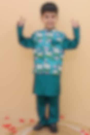 Teal Green Chanderi Printed Nehru Jacket Set For Boys by Little Blessings at Pernia's Pop Up Shop