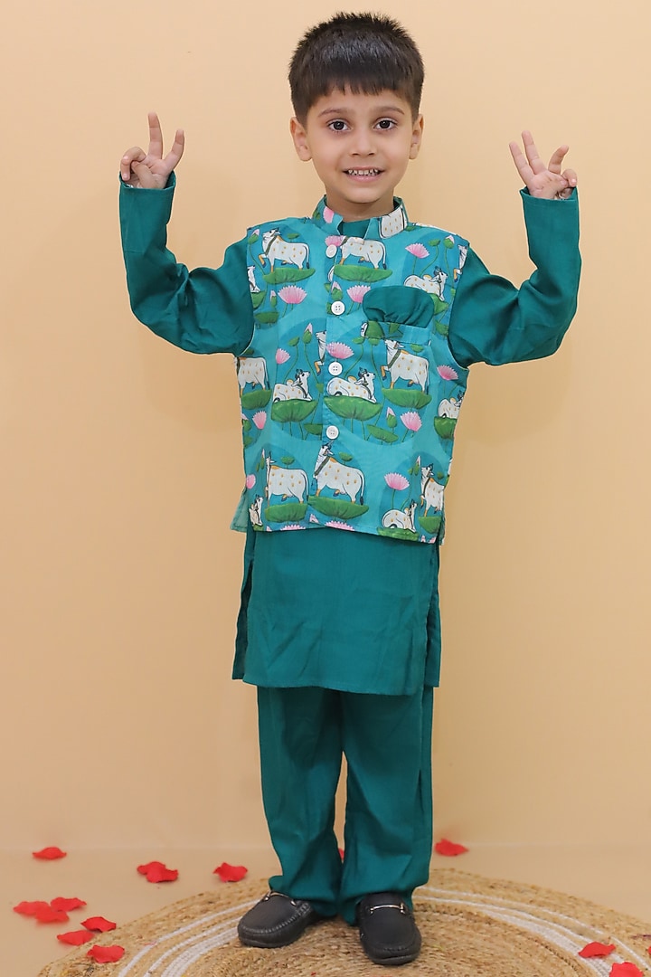 Teal Green Chanderi Printed Nehru Jacket Set For Boys by Little Blessings at Pernia's Pop Up Shop