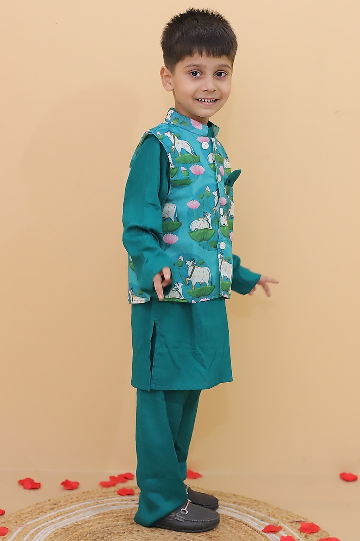 Teal Green Chanderi Printed Nehru Jacket Set For Boys by Little Blessings at Pernia's Pop Up Shop