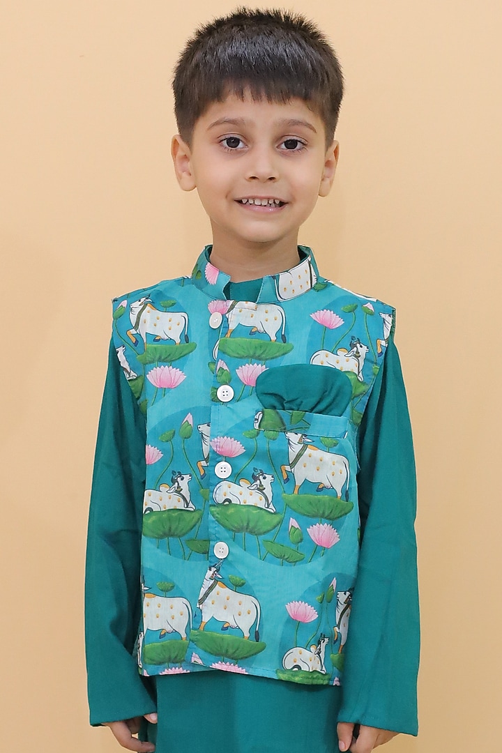Teal Green Chanderi Printed Nehru Jacket Set For Boys by Little Blessings at Pernia's Pop Up Shop
