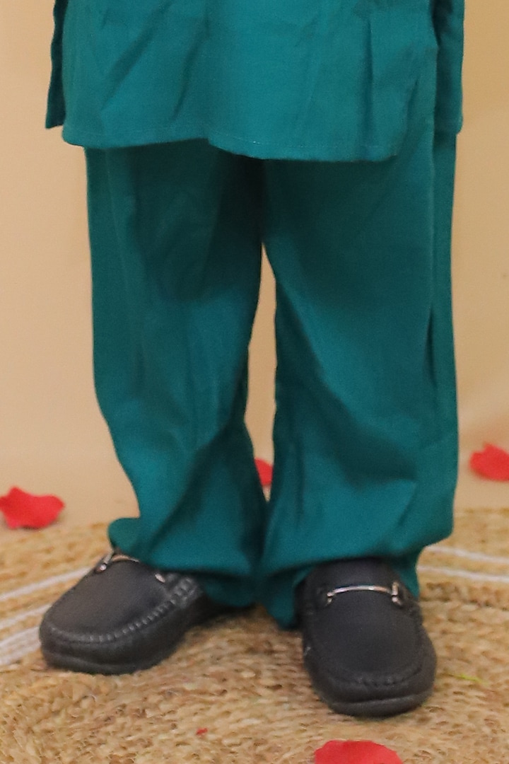 Teal Green Chanderi Printed Nehru Jacket Set For Boys by Little Blessings at Pernia's Pop Up Shop