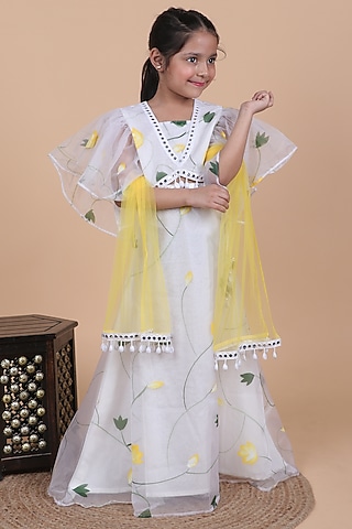 Pastel White Organza Printed Lehenga Set For Girls by Little Blessings