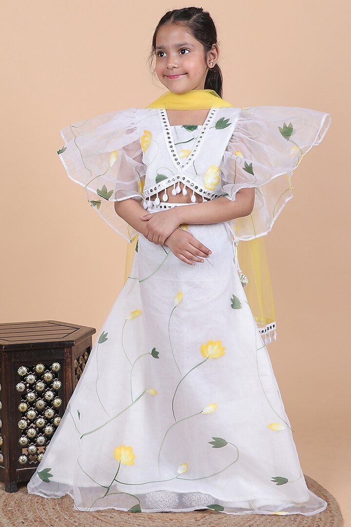 Pastel White Organza Printed Lehenga Set For Girls by Little Blessings at Pernia's Pop Up Shop