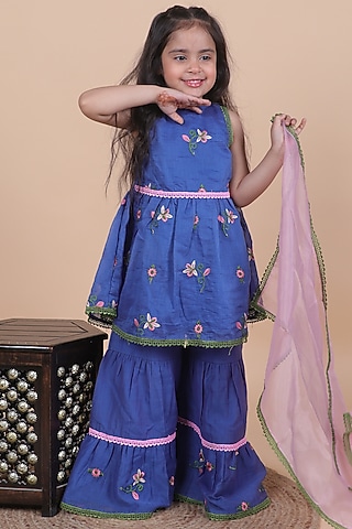 Royal Blue Mul Chanderi Sharara Set For Girls by Little Blessings