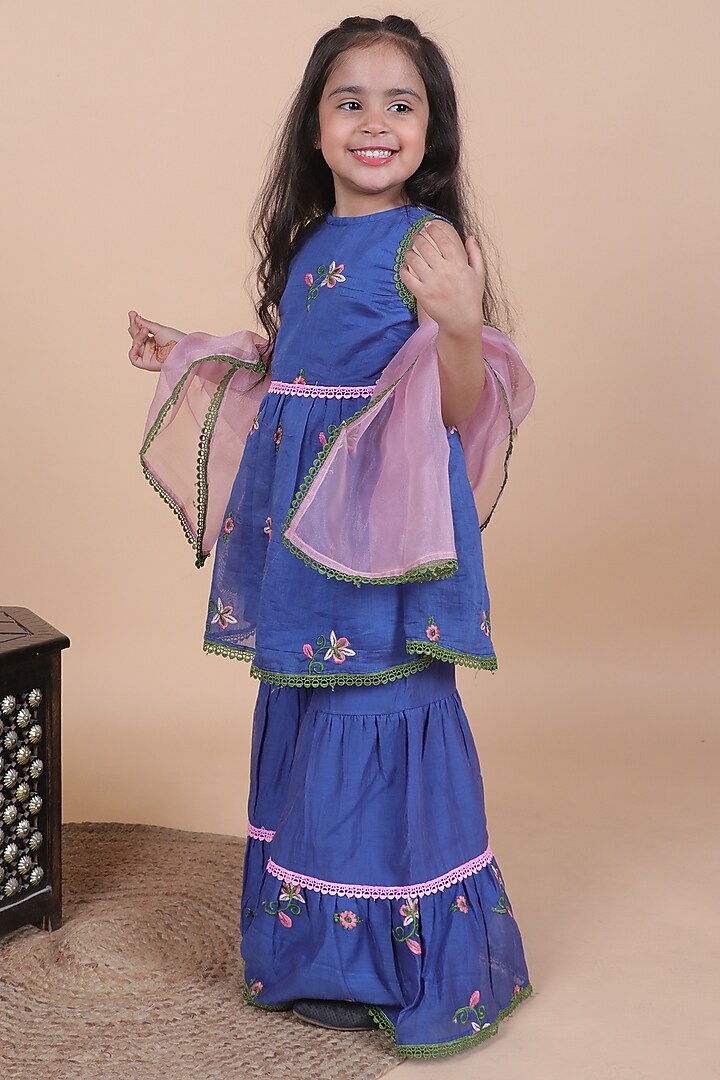 Royal Blue Mul Chanderi Sharara Set For Girls by Little Blessings at Pernia's Pop Up Shop