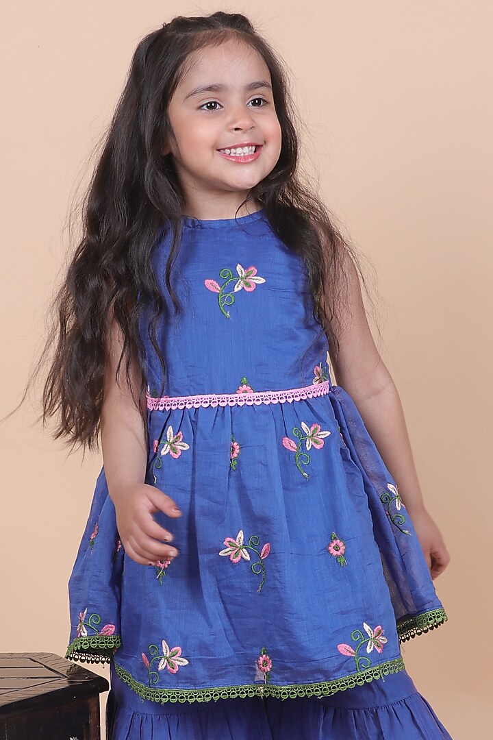 Royal Blue Mul Chanderi Sharara Set For Girls by Little Blessings at Pernia's Pop Up Shop