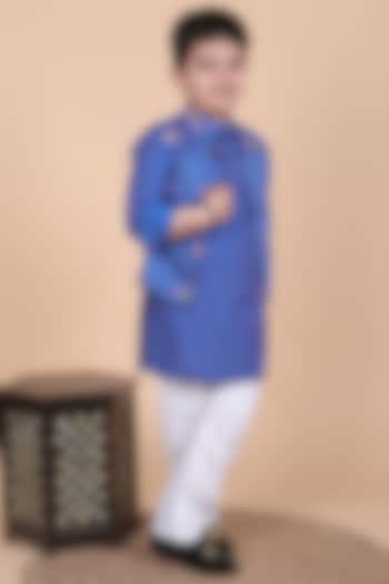 Royal Blue Mul Chanderi Embroidered Nehru Jacket Set For Boys by Little Blessings at Pernia's Pop Up Shop