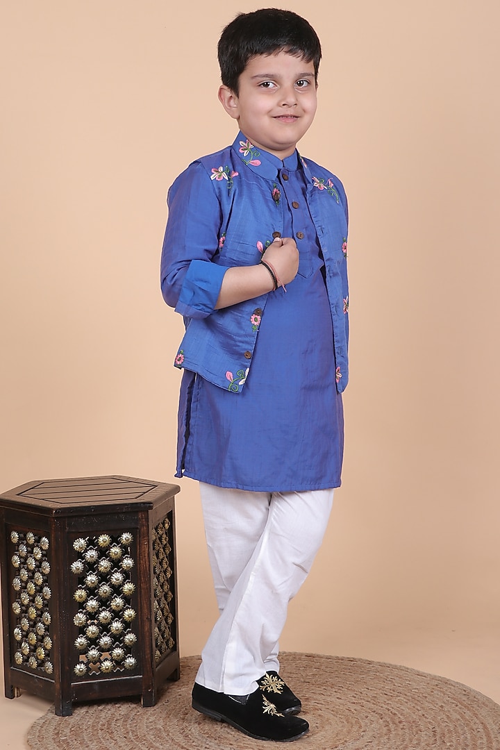 Royal Blue Mul Chanderi Embroidered Nehru Jacket Set For Boys by Little Blessings at Pernia's Pop Up Shop