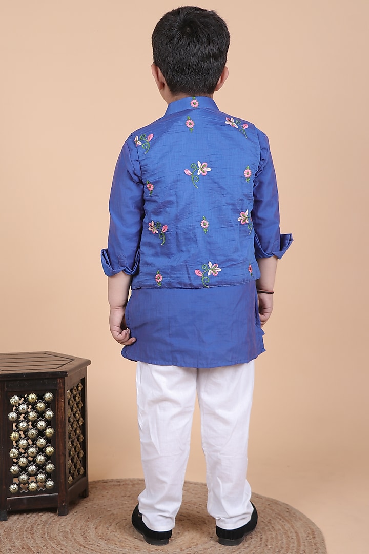 Royal Blue Mul Chanderi Embroidered Nehru Jacket Set For Boys by Little Blessings at Pernia's Pop Up Shop
