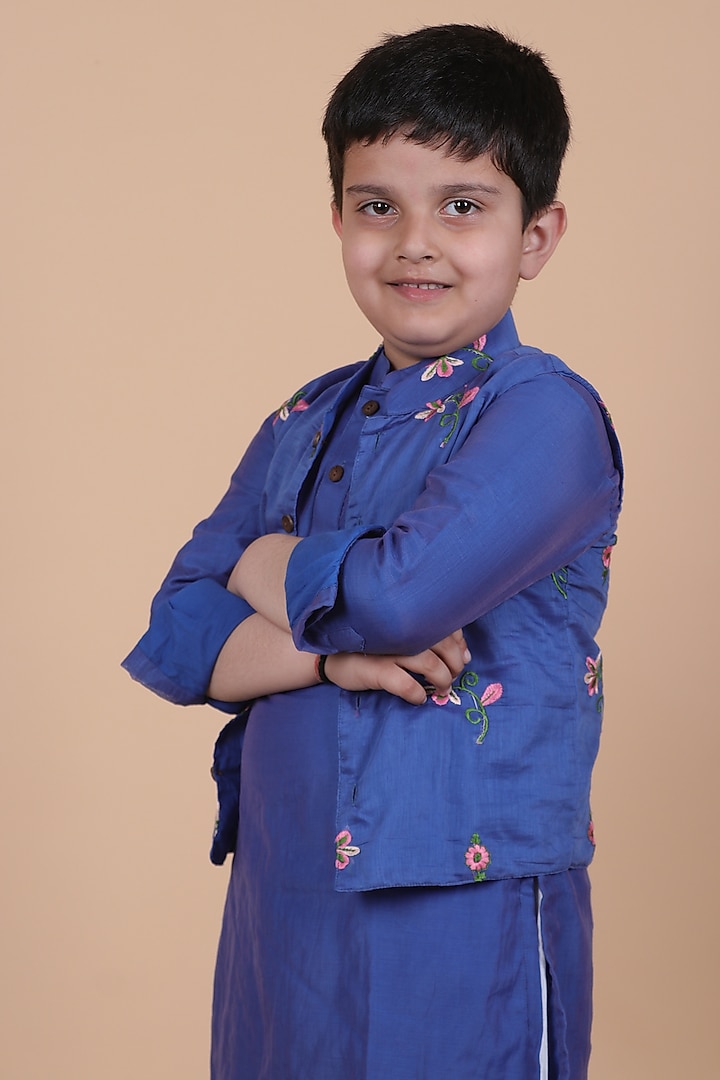 Royal Blue Mul Chanderi Embroidered Nehru Jacket Set For Boys by Little Blessings at Pernia's Pop Up Shop
