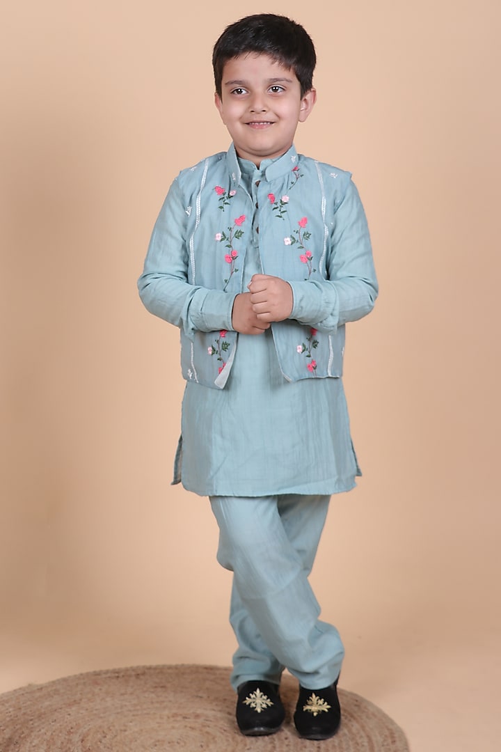 Ash Blue Mul Chanderi Embroidered Nehru Jacket Set For Boys by Little Blessings at Pernia's Pop Up Shop