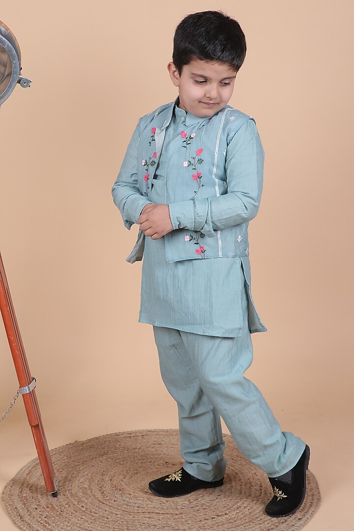 Ash Blue Mul Chanderi Embroidered Nehru Jacket Set For Boys by Little Blessings at Pernia's Pop Up Shop