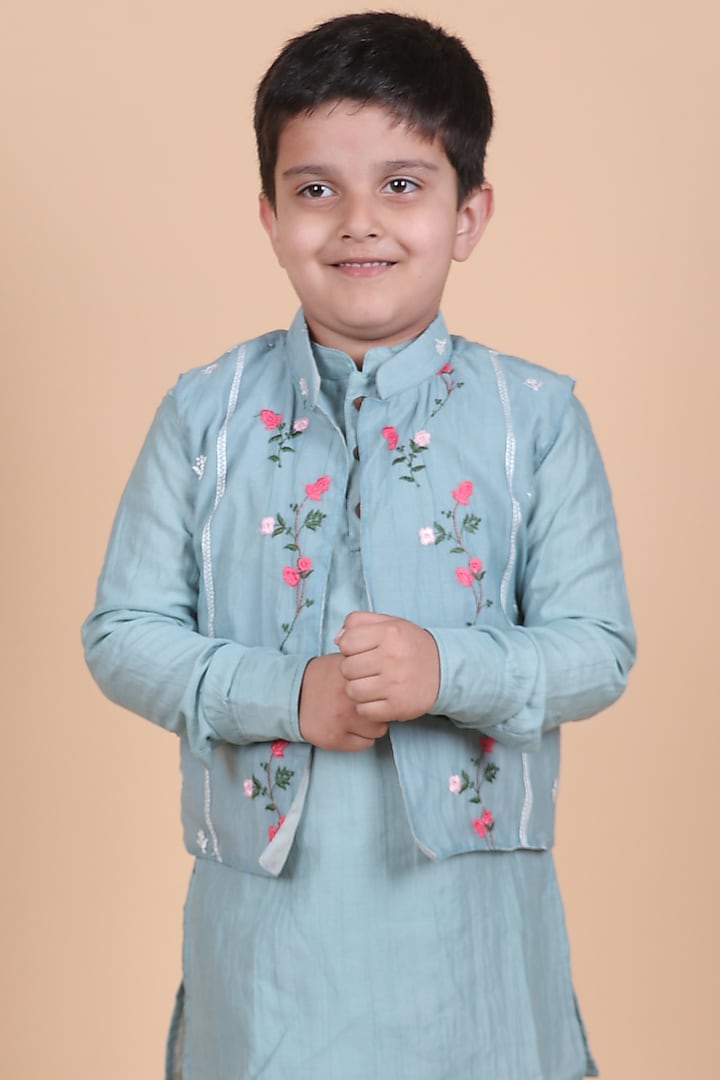 Ash Blue Mul Chanderi Embroidered Nehru Jacket Set For Boys by Little Blessings at Pernia's Pop Up Shop