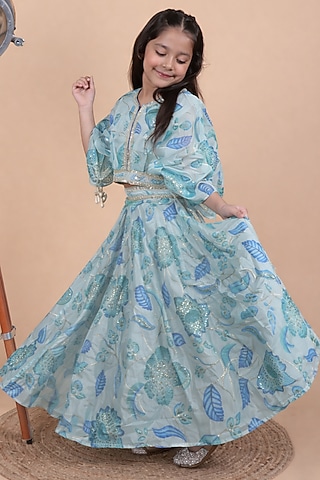 Powder Blue Organza Embroidered Skirt Set For Girls by Little Blessings
