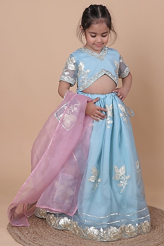 Pastel Blue Organza Embroidered Lehenga Set For Girls by Little Blessings