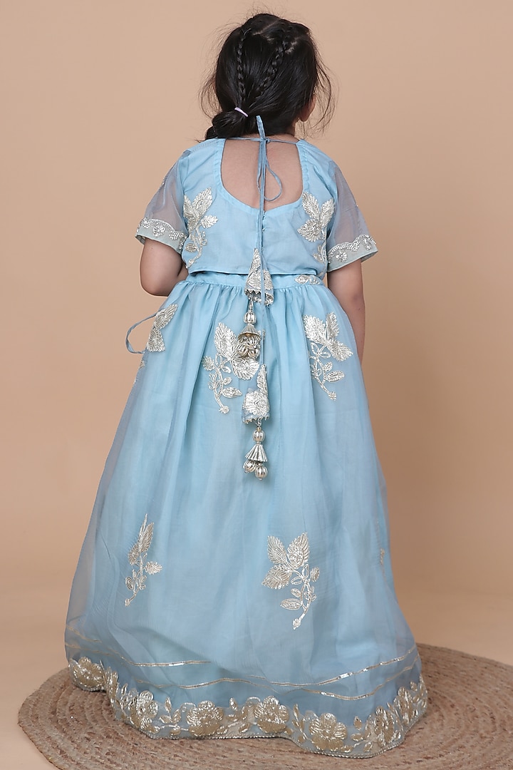 Pastel Blue Organza Embroidered Lehenga Set For Girls by Little Blessings at Pernia's Pop Up Shop