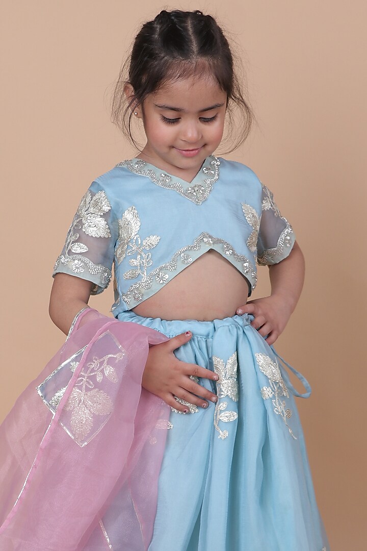 Pastel Blue Organza Embroidered Lehenga Set For Girls by Little Blessings at Pernia's Pop Up Shop