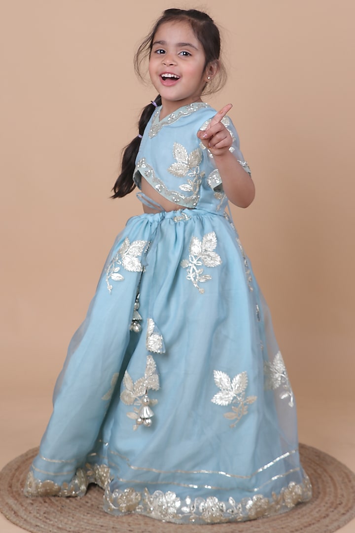 Pastel Blue Organza Embroidered Lehenga Set For Girls by Little Blessings at Pernia's Pop Up Shop