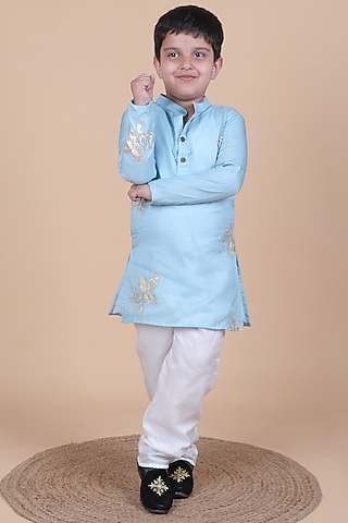 Pastel Blue Organza Embroidered Kurta Set For Boys by Little Blessings