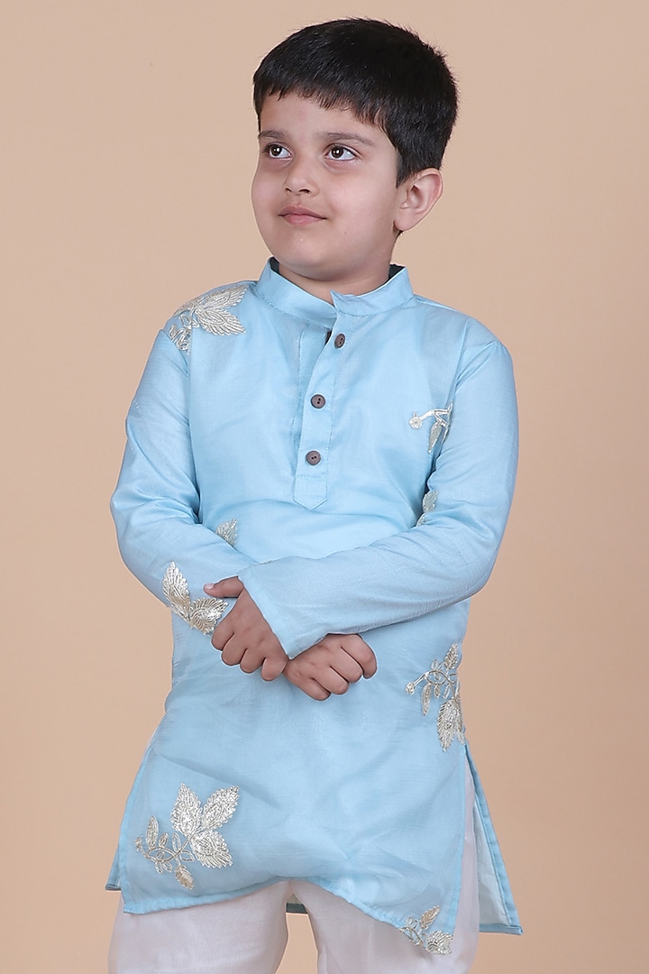 Pastel Blue Organza Embroidered Kurta Set For Boys by Little Blessings at Pernia's Pop Up Shop