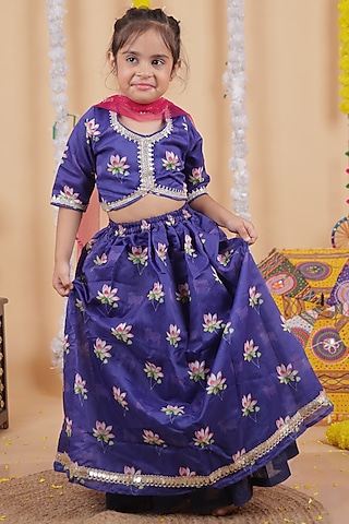 Purple Chanderi Embroidered Lehenga Set For Girls by Little Blessings
