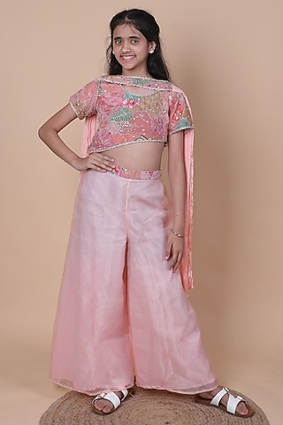 Peach Natural Crepe Palazzo Pants Set For Girls by Little Blessings