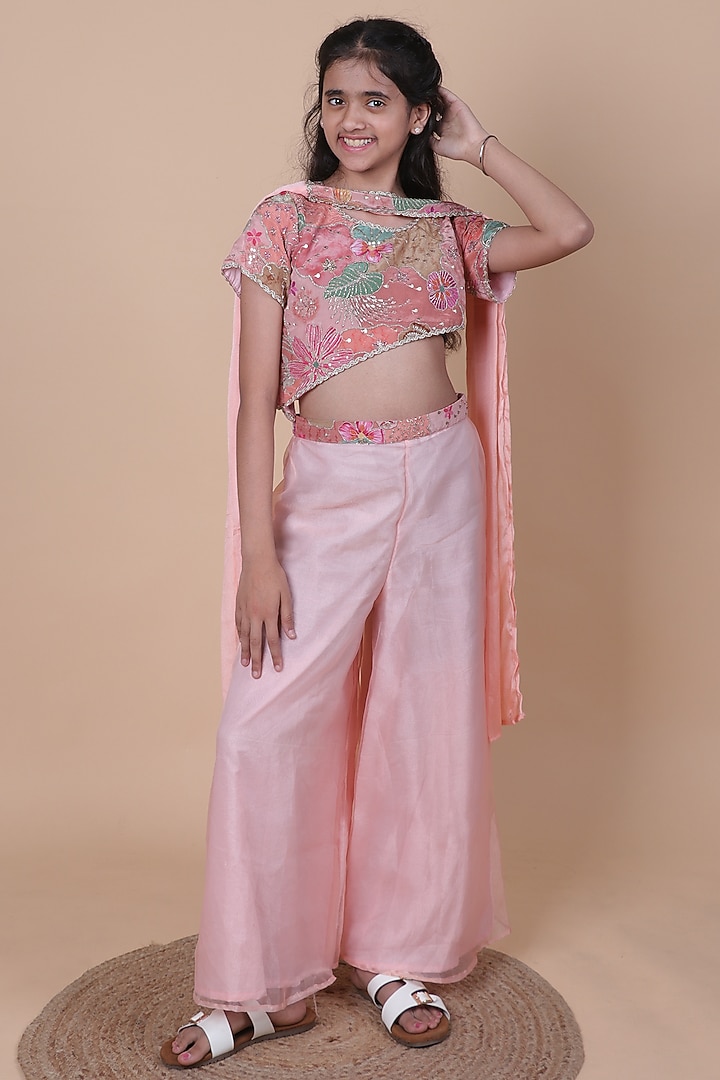 Peach Natural Crepe Palazzo Pants Set For Girls by Little Blessings at Pernia's Pop Up Shop