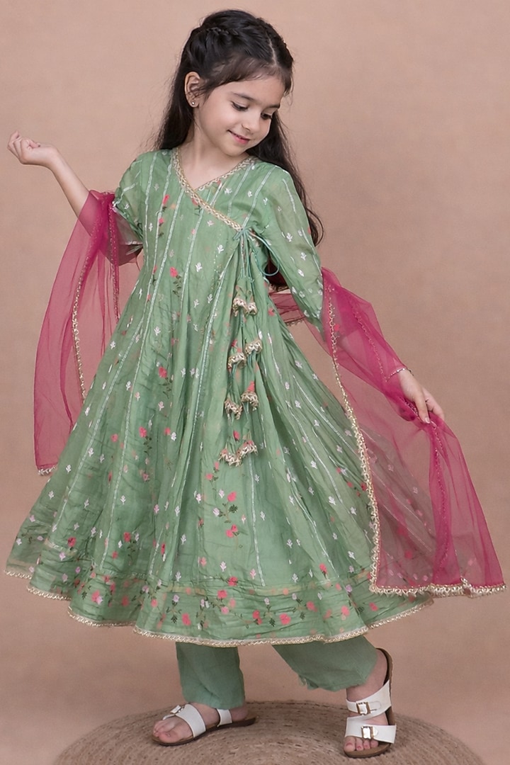Avocado Green Mul Chanderi Embroidered Anarkali Set For Girls by Little Blessings at Pernia's Pop Up Shop