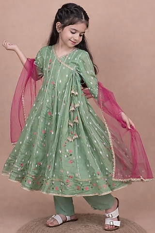 Avocado Green Mul Chanderi Embroidered Anarkali Set For Girls by Little Blessings