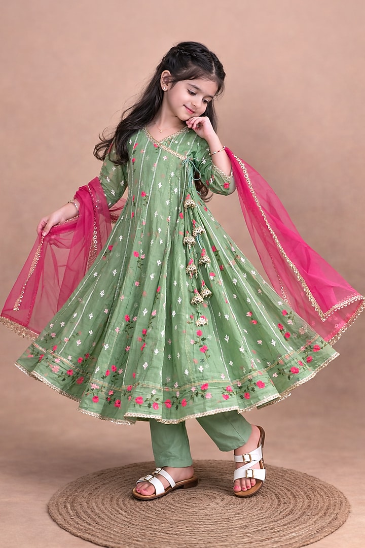 Avocado Green Mul Chanderi Embroidered Anarkali Set For Girls by Little Blessings at Pernia's Pop Up Shop