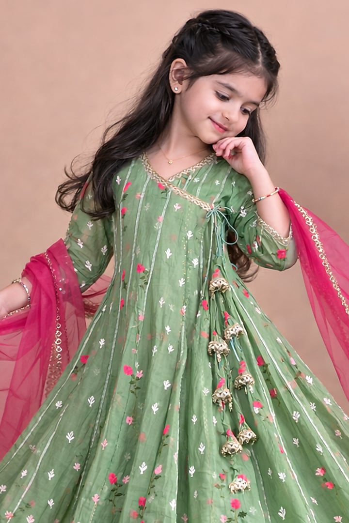 Avocado Green Mul Chanderi Embroidered Anarkali Set For Girls by Little Blessings at Pernia's Pop Up Shop