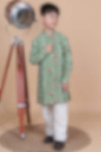 Avocado Green Mul Chanderi Embroidered Kurta Set For Boys by Little Blessings at Pernia's Pop Up Shop