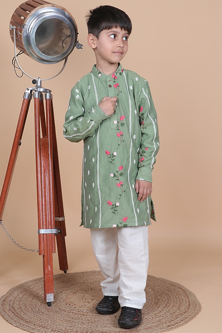 Avocado Green Mul Chanderi Embroidered Kurta Set For Boys by Little Blessings at Pernia's Pop Up Shop